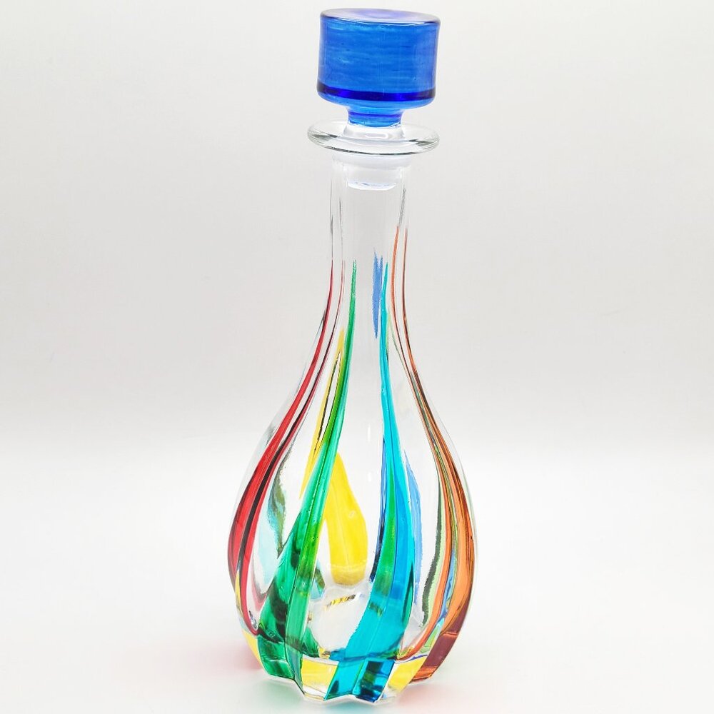 CC Zecchin Venezia Art Glass Rainbow Decanter Cobalt Stopper Italy 12"